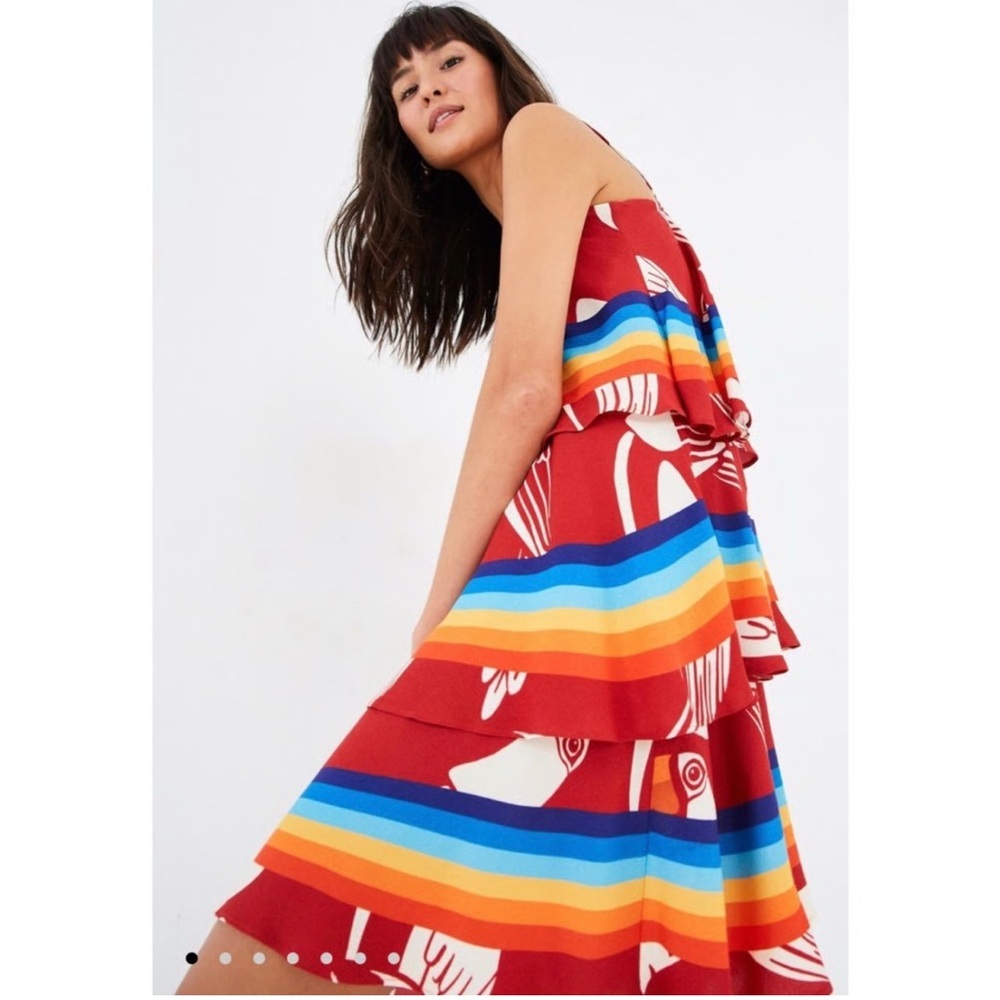 🌈🦜farm rio tucano tiered rainbow mini dress XS euc